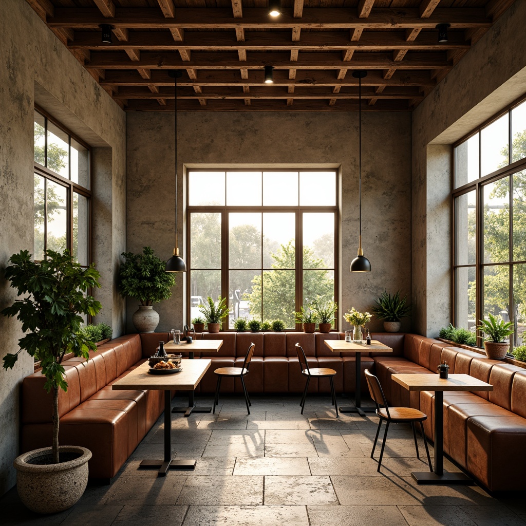 Prompt: Rustic brutalist breakfast nook, rugged concrete walls, industrial metal beams, reclaimed wood accents, distressed leather upholstery, chunky wooden tables, minimalist metal chairs, pendant lamps, warm earthy tones, cozy intimate atmosphere, natural stone flooring, greenery-filled planters, morning sunlight, soft golden lighting, shallow depth of field, 1/1 composition, realistic textures, ambient occlusion.