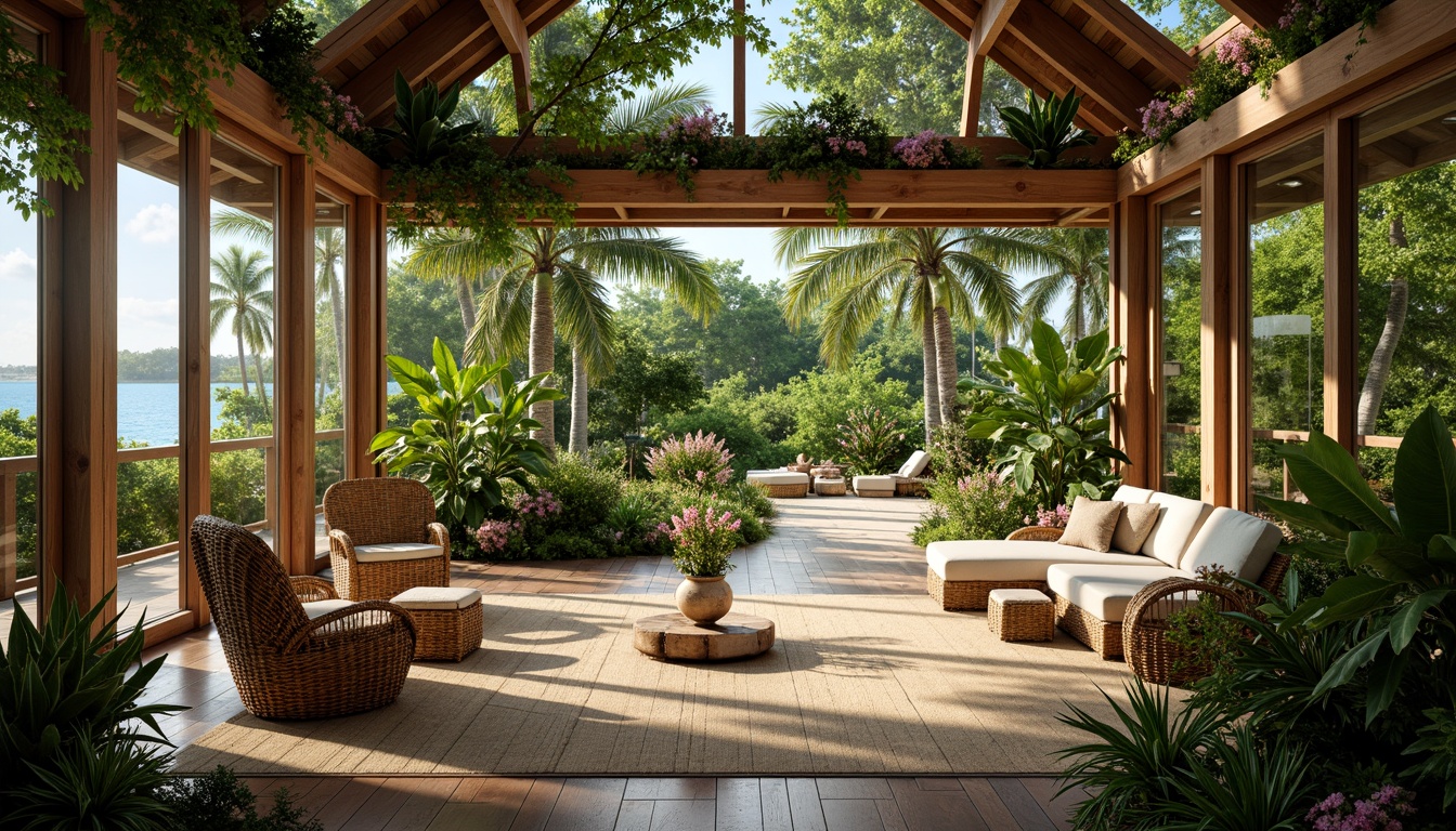 Prompt: Vibrant tropical interior, lush greenery, exotic flowers, rattan furniture, woven textiles, natural fibers, reclaimed wood accents, large windows, sliding glass doors, skylights, clerestory windows, soft warm lighting, shallow depth of field, 3/4 composition, panoramic view, realistic textures, ambient occlusion, ocean-inspired color palette, calming atmosphere, serene ambiance.