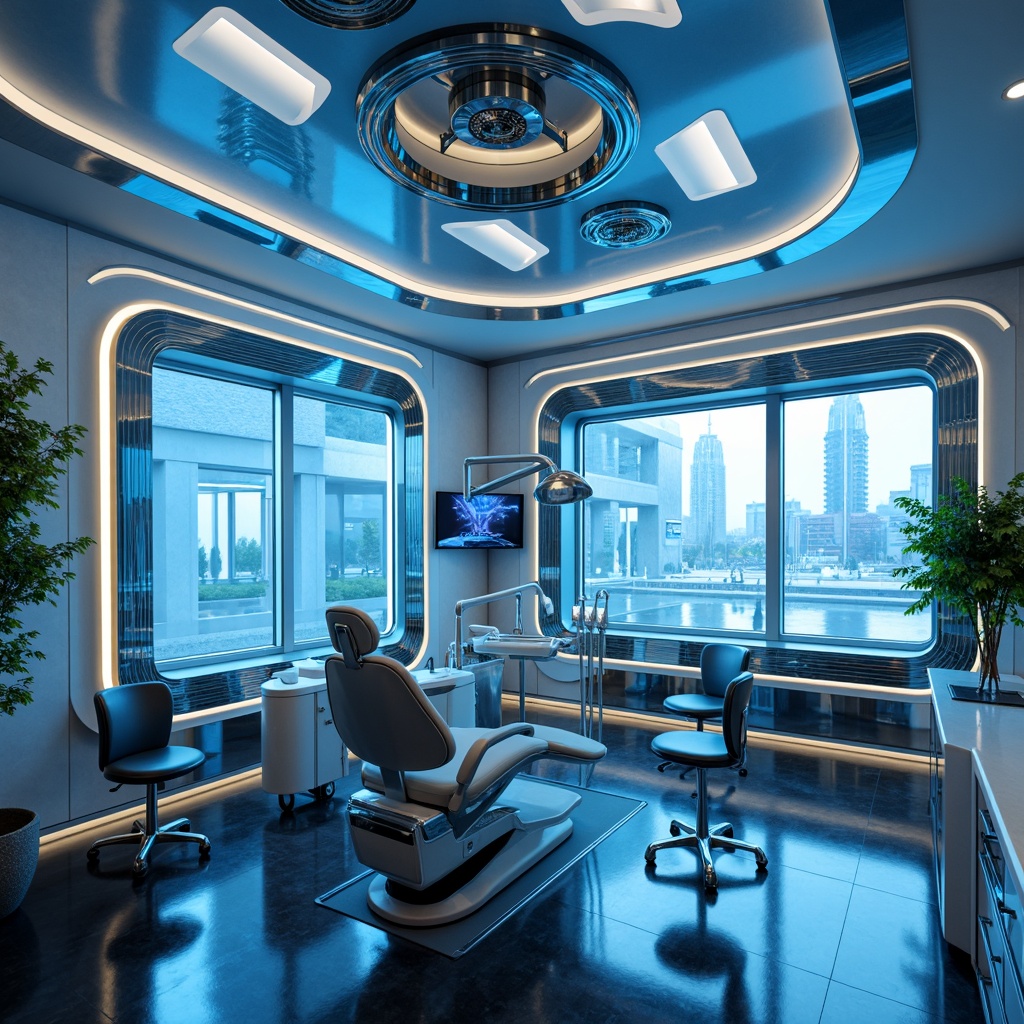 Prompt: Futuristic dental clinic, sleek metallic surfaces, minimalist design, LED light installations, neon accents, ambient glow, soft blue hues, modern dentist chairs, advanced medical equipment, transparent glass partitions, polished chrome fixtures, futuristic sculptures, abstract art pieces, high-tech gadgets, virtual reality displays, 3D printed decorations, holographic projections, softbox lighting, rimless mirrors, ergonomic furniture, calming ambiance, shallow depth of field, 1/1 composition, realistic textures, ambient occlusion.