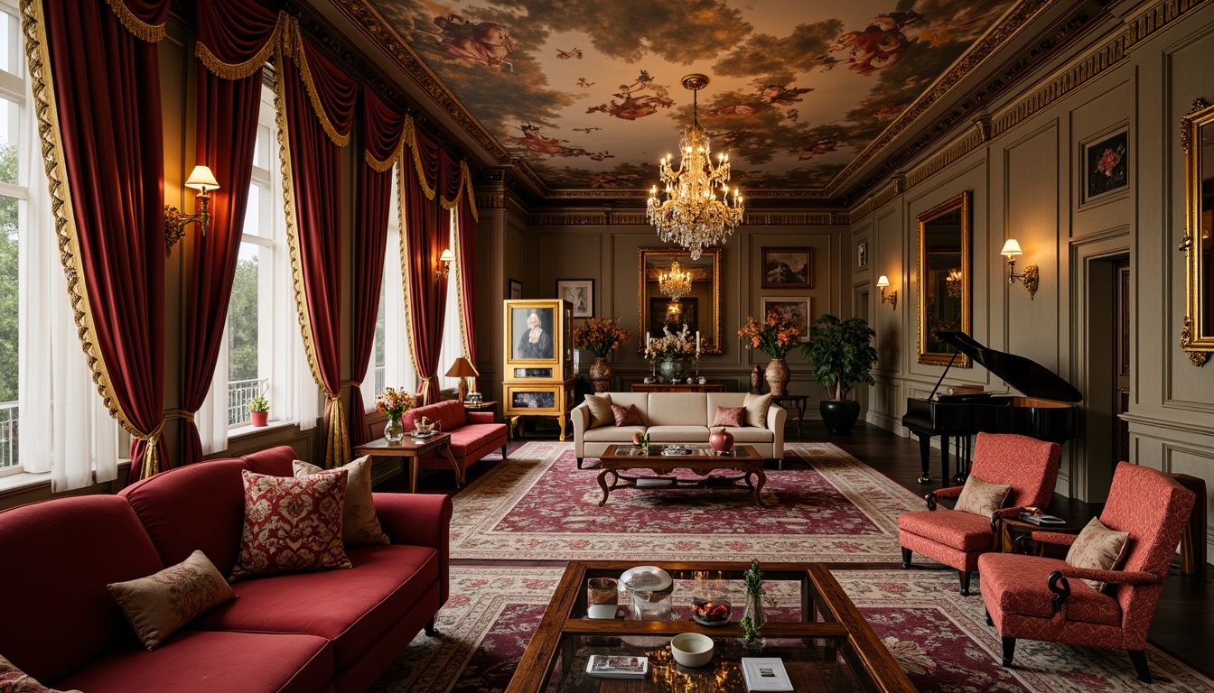 Prompt: Ornate baroque-style apartment, luxurious velvet sofa, intricately carved wooden armchairs, gilded mirror frames, crystal chandeliers, marble coffee tables, richly patterned rugs, heavy drapery with gold tassels, ornamental vases, grand piano, lavish fresco ceiling, dramatic lighting, warm golden tones, opulent fabrics, 3/4 composition, shallow depth of field, soft focus, realistic textures.