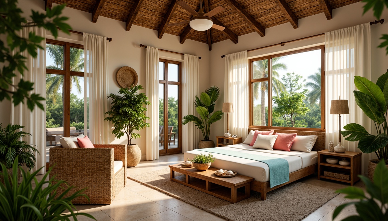 Prompt: Tropical bedroom, lush greenery, exotic plants, rattan furniture, natural fabrics, woven textiles, warm beige walls, driftwood accents, bamboo ceiling fans, soft golden lighting, table lamps with wicker shades, pendant lights with shells or pebbles, floor lamps with linen shades, warm white curtains, sheer drapes, ocean-inspired colors, coral pink hues, turquoise accents, sunny day, shallow depth of field, 3/4 composition, realistic textures, ambient occlusion.