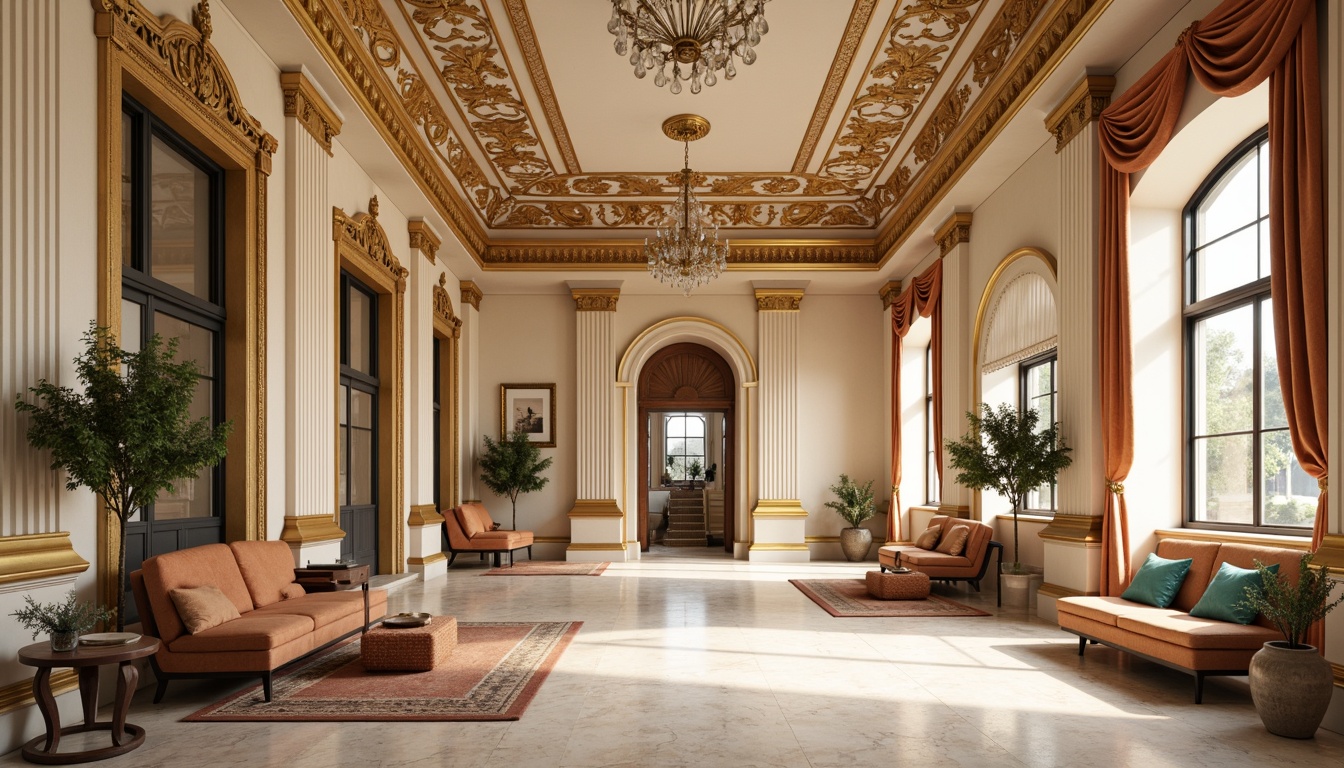 Prompt: Richly ornamented neoclassical interior, warm beige walls, cream-colored marble floors, elegant crystal chandeliers, ornate gold leaf details, luxurious velvet fabrics, soft peach hues, muted turquoise accents, subtle rust tones, intricate moldings, carved wooden furniture, subtle patterned rugs, sophisticated neutral backgrounds, refined architectural lines, dramatic ceiling heights, abundant natural light, warm golden lighting, shallow depth of field, 1/2 composition, realistic textures, ambient occlusion.