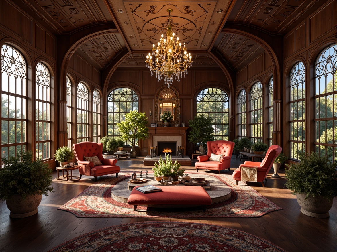 Prompt: \Opulent living room, curved lines, sinuous shapes, flowing organic forms, intricate metalwork, ornate furnishings, velvet upholstery, polished wood panels, stained glass windows, grand chandeliers, delicate filigree, botanical motifs, soft warm lighting, shallow depth of field, 1/1 composition, realistic textures, ambient occlusion.\