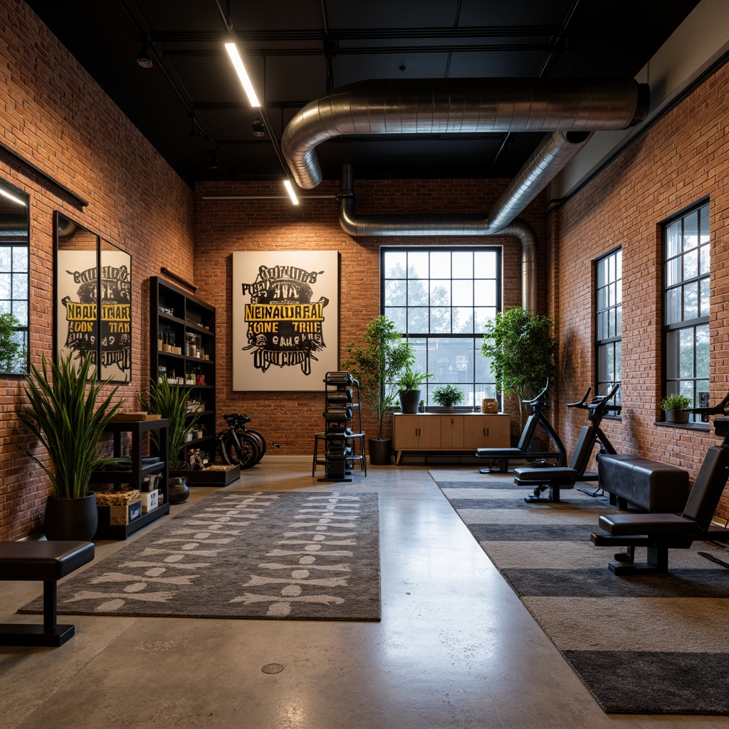 Prompt: Industrial chic home gym, exposed brick walls, polished concrete floors, metallic accents, modern fitness equipment, motivational quotes, floor-to-ceiling mirrors, reclaimed wood features, urban loft atmosphere, dramatic overhead lighting, bold color scheme, textured rugs, geometric patterns, sleek storage cabinets, minimalist decor, high-gloss paint finishes, chrome hardware, athletic-inspired artwork, dynamic shadows, 1/2 composition, wide-angle lens, vivid colors, realistic reflections.