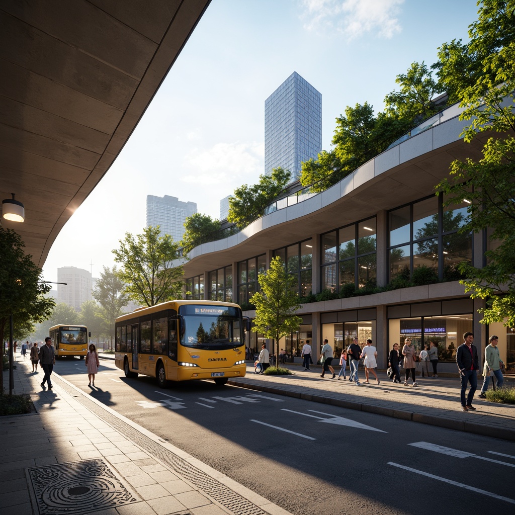 Prompt: Modern bus station, curved rooflines, clerestory windows, natural ventilation, skylights, translucent canopies, solar tubes, green roofs, living walls, urban oasis, bustling streetscape, morning commute, soft warm lighting, shallow depth of field, 3/4 composition, realistic textures, ambient occlusion.