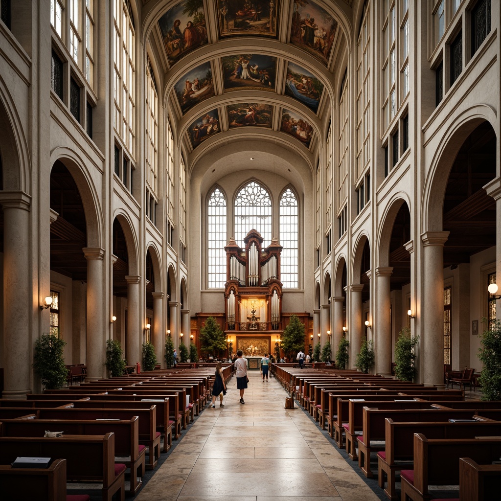 Prompt: Grand cathedral interior, high vaulted ceiling, stunning stained glass windows, intricately carved stone columns, polished marble floors, serene ambiance, soft warm lighting, gentle shadows, peaceful atmosphere, pews with velvet cushions, ornate altar, majestic organ pipes, intricate frescoes, subtle incense smell, natural light pouring in, shallow depth of field, 1/1 composition, symmetrical framing, warm color palette, realistic textures, ambient occlusion.