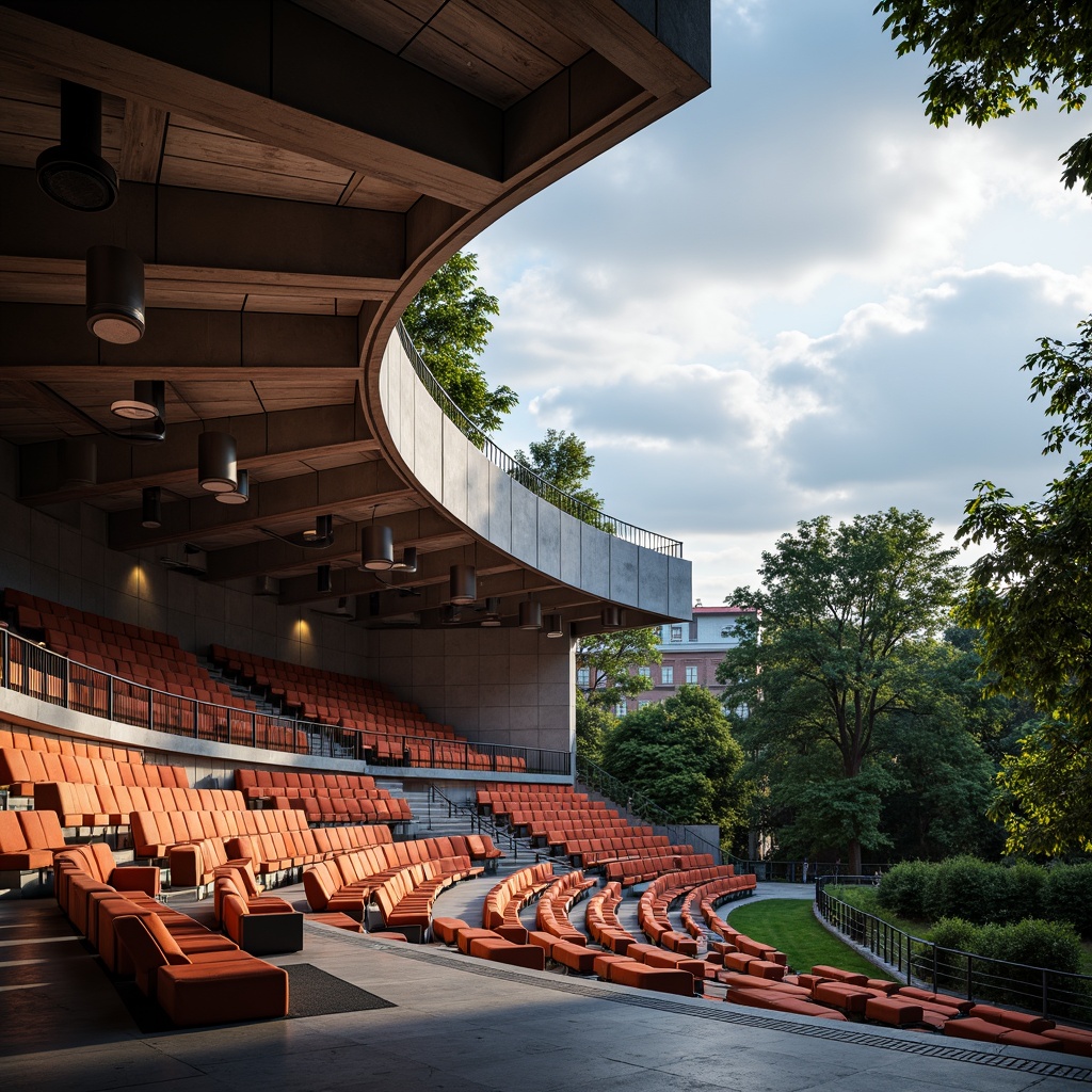 Prompt: Bauhaus-style amphitheater, curved rows of seats, minimalist lighting fixtures, industrial metal shades, exposed ductwork, concrete floors, geometric patterns, functional simplicity, rectangular shapes, bold color accents, dramatic spotlighting, high-contrast shadows, atmospheric ambiance, warm white light, suspended lanterns, cylindrical silhouettes, architectural details, decorative railings, urban landscape views, cloudy daytime sky, shallow depth of field, 1/1 composition, realistic textures, ambient occlusion.