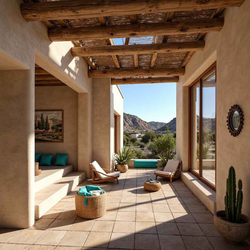 Prompt: Adobe-style adobe architecture, earthy tones, natural stone walls, wooden beams, rustic furniture, vibrant turquoise accents, woven textiles, cacti plants, desert landscape, warm sunny day, clear blue sky, large windows, sliding glass doors, clerestory windows, high ceilings, open floor plan, minimalist decor, ambient soft lighting, subtle shadows, 1/1 composition, realistic textures, ambient occlusion.