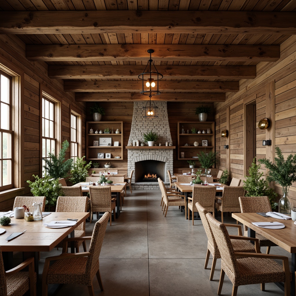 Prompt: Rustic farmhouse dining hall, wooden plank walls, vintage metal lanterns, distressed wood tables, woven wicker chairs, natural linen upholstery, earthy color palette, stone fireplace, exposed beams, reclaimed wood shelves, galvanized metal accents, potted greenery, soft warm lighting, shallow depth of field, 1/1 composition, realistic textures, ambient occlusion.