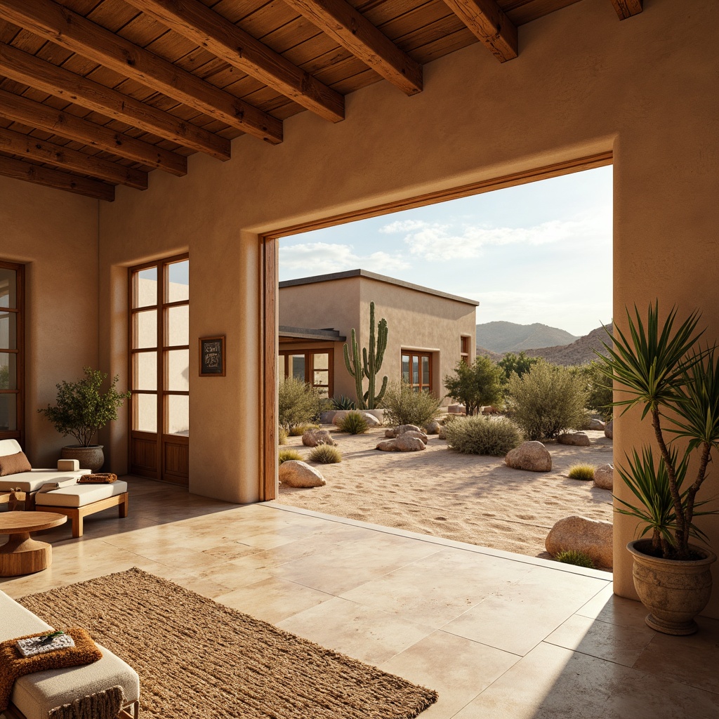 Prompt: Adobe earth tones, rustic wooden accents, natural stone flooring, vast open spaces, modern Southwestern architecture, large windows, sliding glass doors, desert landscape views, cactus plants, sandy dunes, warm sunny day, soft golden lighting, 3/4 composition, panoramic view, realistic textures, ambient occlusion.