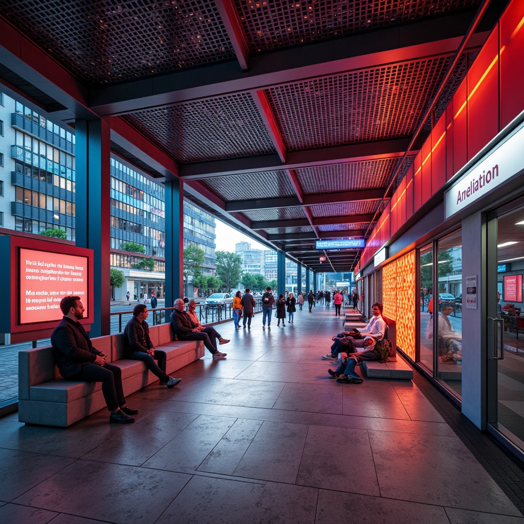 Prompt: Vibrant urban bus station, modern architecture, bold color scheme, bright LED lighting, sleek metal accents, polished concrete floors, geometric patterned walls, dynamic digital displays, bustling city atmosphere, morning rush hour, soft warm lighting, shallow depth of field, 3/4 composition, panoramic view, realistic textures, ambient occlusion.