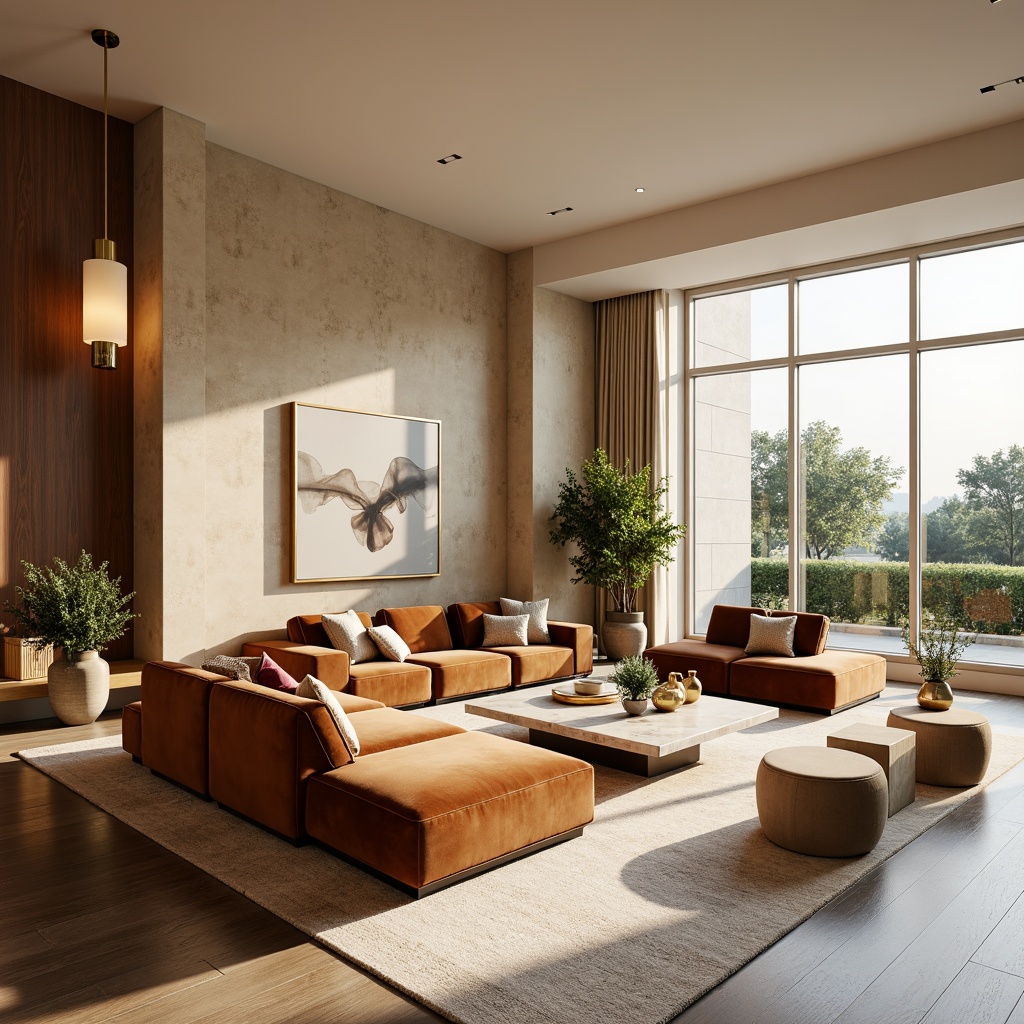 Prompt: Vibrant living room, warm beige walls, rich brown furniture, plush velvet sofas, golden lighting fixtures, soft cream-colored carpets, elegant marble coffee tables, modern abstract artwork, floor-to-ceiling windows, natural daylight, airy atmosphere, 1/1 composition, realistic textures, ambient occlusion.