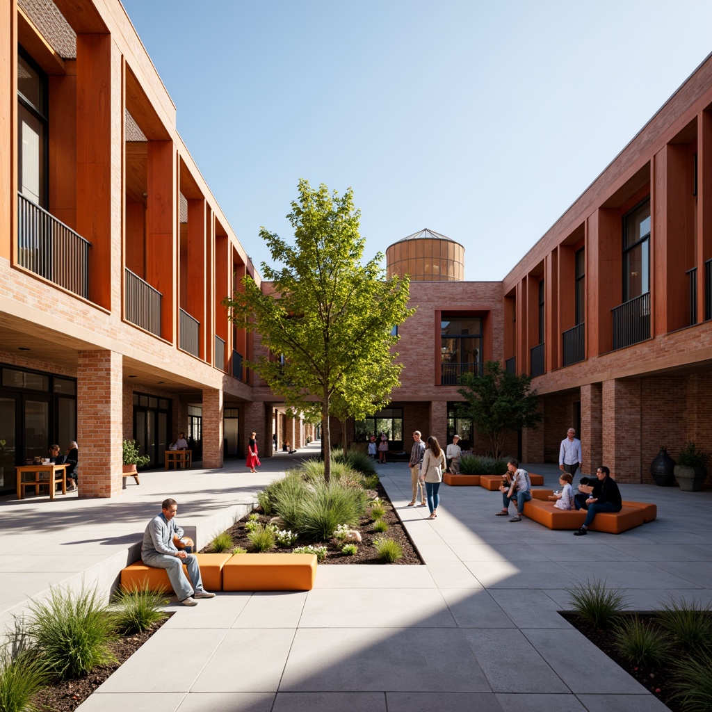 Prompt: Bauhaus community center, geometric shapes, clean lines, minimal ornamentation, functional simplicity, rectangular forms, circular accents, triangular roofs, bold color blocking, primary color palette, industrial materials, exposed brick walls, polished concrete floors, steel beams, minimalist decor, natural light pouring in, open floor plans, collaborative workspaces, communal gathering areas, vibrant outdoor courtyards, abstract sculptures, modern art installations, dynamic shadows, high contrast lighting, 2/3 composition, symmetrical balance, stark textures, ambient occlusion.