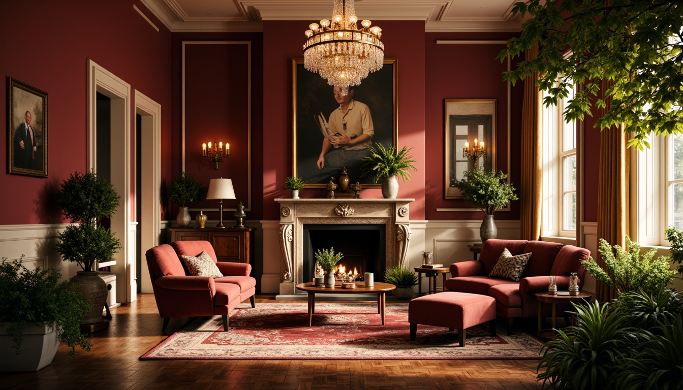 Prompt: Rich burgundy walls, creamy beige accents, soft golden lighting, lush greenery, natural wood flooring, elegant crystal chandeliers, sophisticated velvet furniture, refined bronze decorations, warm earthy tones, intimate cozy atmosphere, shallow depth of field, 1/1 composition, realistic textures, ambient occlusion.