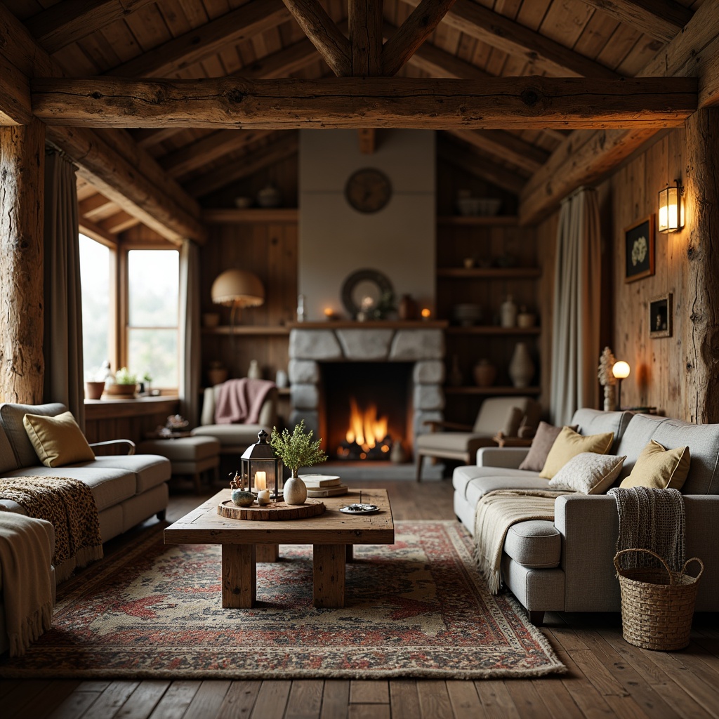 Prompt: Rustic cabin, wooden accents, earthy tones, vintage furniture pieces, distressed finishes, natural fabrics, woven textiles, reclaimed wood tables, metal lanterns, stone fireplaces, cozy throw blankets, warm candlelight, shallow depth of field, 1/1 composition, realistic textures, ambient occlusion.