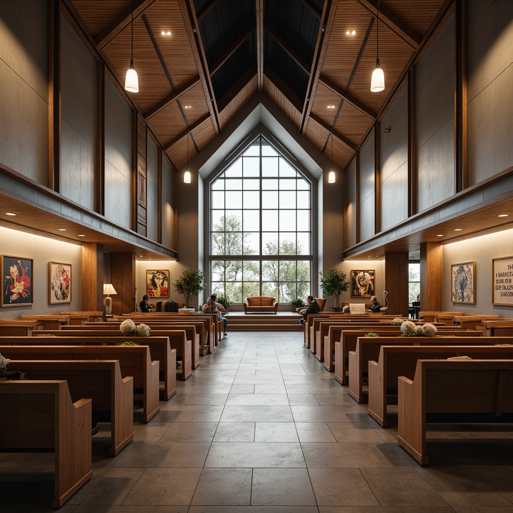 Prompt: Modern worship space, sleek lines, minimalist aesthetic, neutral color palette, polished wooden pews, ergonomic seating, metallic accents, stained glass windows, ambient lighting, warm glow, subtle textures, natural materials, rustic wood tones, industrial-chic decor, geometric patterns, abstract artwork, bold typography, inspirational quotes, spiritual symbols, soft cushions, comfortable upholstery, versatile furniture arrangements, functional layouts, collaborative worship areas, intimate gathering spaces, calm atmosphere, serene ambiance, soft focus photography, shallow depth of field, 1/2 composition.