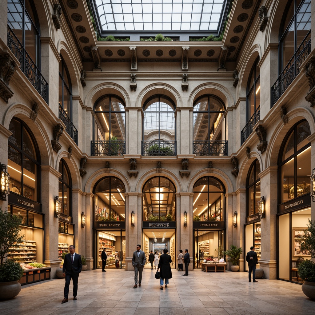 Prompt: Grand grocery store facade, ornate neoclassical columns, intricately carved stone details, symmetrical composition, grand entrance with bronze doors, large glass windows, subtle arches, ornate balconies, richly textured stucco walls, decorative cornices, imposing clock tower, soft warm lighting, high ceilings, polished marble floors, elegant chandeliers, abundant natural light, 1/1 composition, shallow depth of field, realistic textures, ambient occlusion.