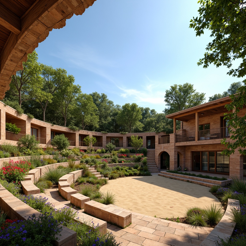 Prompt: Earthy amphitheater, natural stone seating, lush green grass, vibrant flowers, rustic wooden accents, warm beige sand, clear blue sky, sunny day, soft warm lighting, shallow depth of field, 3/4 composition, panoramic view, realistic textures, ambient occlusion, earthy tones, terracotta reds, sandy beiges, mossy greens, sky blues, natural fabrics, woven textiles, organic patterns.