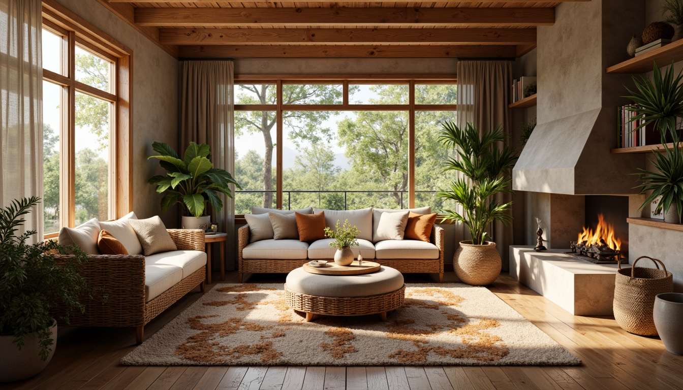 Prompt: Warm mid-century modern living room, natural textures, woven wicker furniture, reclaimed wood accents, earthy tone color palette, plush area rugs, organic shapes, geometric patterns, lush greenery, potted plants, wooden floorboards, stone fireplace, soft warm lighting, cozy atmosphere, shallow depth of field, 3/4 composition, realistic renderings, ambient occlusion.