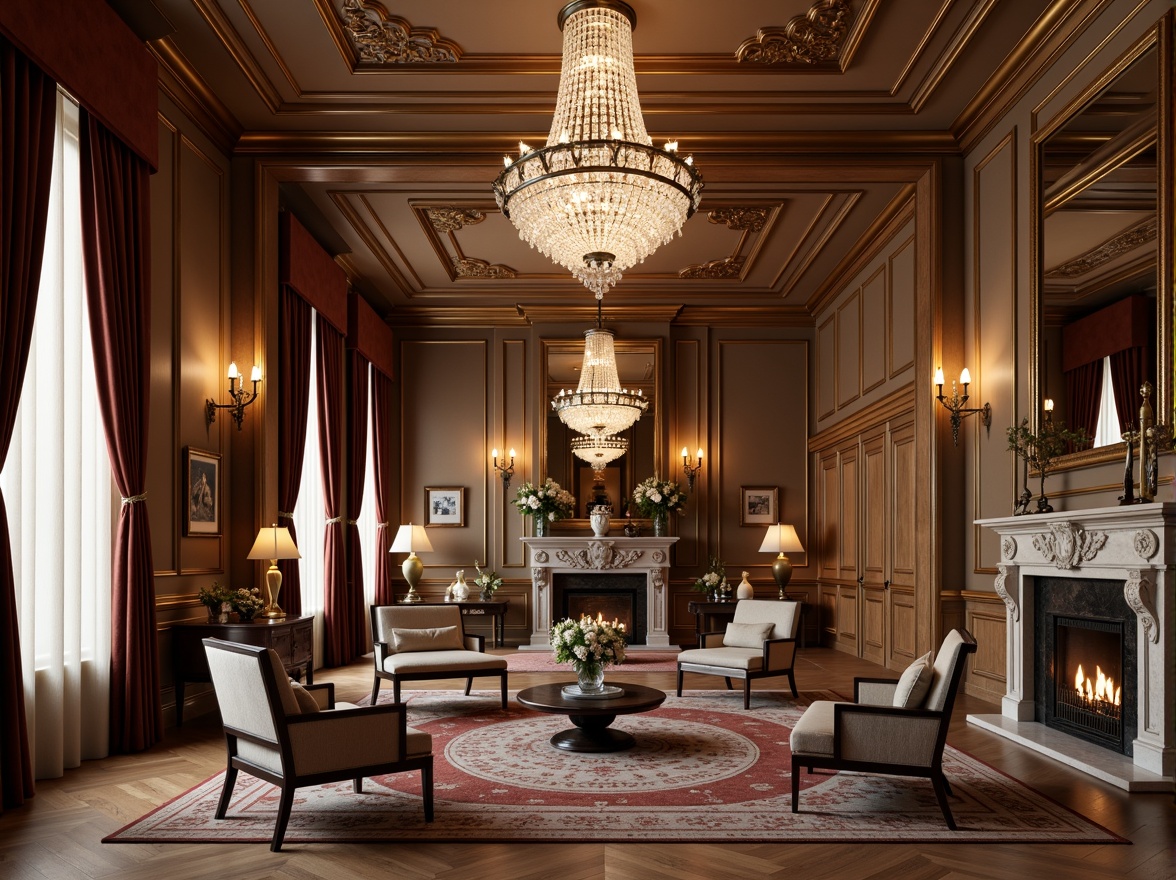 Prompt: Elegant classic interior, ornate moldings, luxurious furnishings, rich wood tones, velvet drapes, crystal chandeliers, marble fireplaces, symmetrical composition, balanced proportions, neutral color palette, soft golden lighting, subtle textures, intricate carvings, sophisticated accents, refined atmosphere, 1/1 composition, shallow depth of field, warm ambient occlusion.