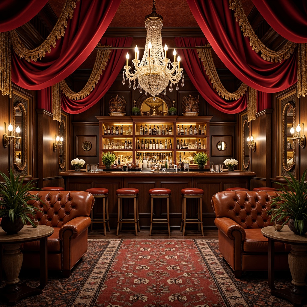 Prompt: Richly ornate bar, luxurious velvet drapes, intricately carved wooden accents, antique bronze fixtures, crystal chandeliers, plush tufted leather stools, dark-stained wooden tables, ornate mirrors, vintage apothecary cabinets, heavy drapery, lavish patterned rugs, warm golden lighting, 1/2 composition, shallow depth of field, realistic textures.