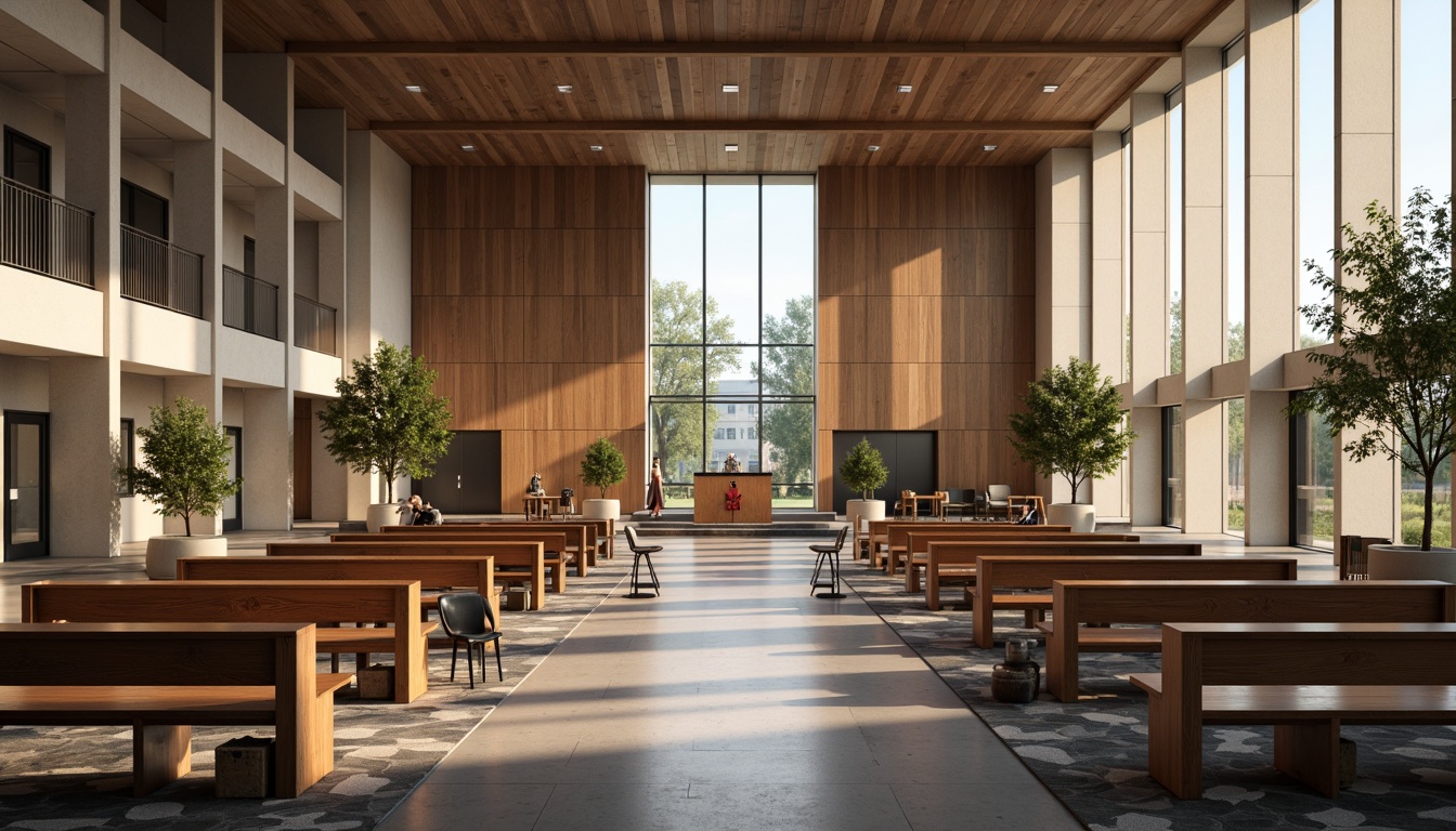 Prompt: Modern church interior, sleek wooden pews, minimalist altar design, subtle natural lighting, polished concrete floors, neutral color palette, comfortable seating areas, oversized windows, stained glass accents, geometric patterned rugs, abstract artwork, LED ambient lighting, cantilevered benches, industrial-chic metal chairs, reclaimed wood accents, minimalist lecterns, discreet audio-visual equipment, soft warm glow, shallow depth of field, 1/2 composition.