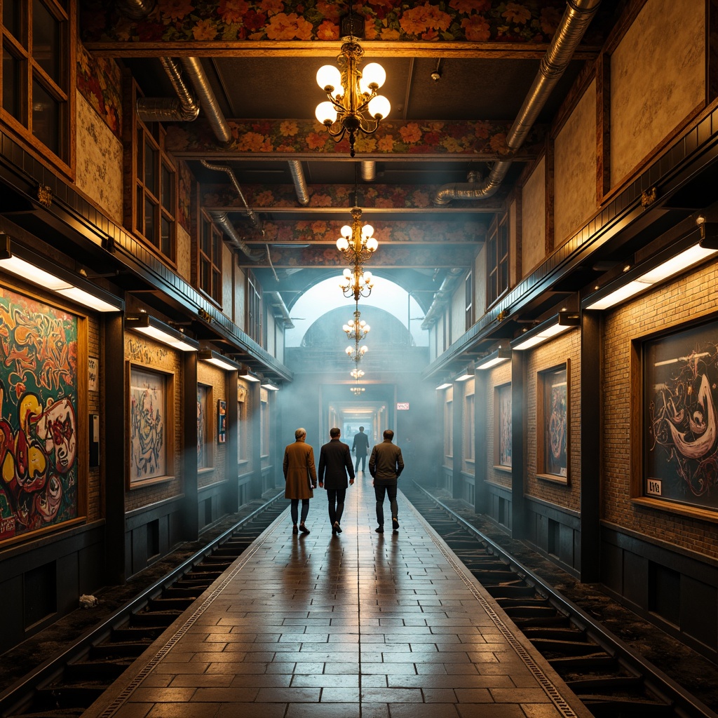 Prompt: Vibrant metro station, eclectic architectural style, ornate metalwork, luxurious chandeliers, pendant lamps, sputnik lights, globe pendants, industrial pipes, exposed brick walls, distressed wood accents, urban graffiti, modern street art, atmospheric fog effect, dramatic spotlighting, warm golden lighting, high-contrast shadows, dynamic camera movements, 1/2 composition, cinematic rendering, realistic reflections.