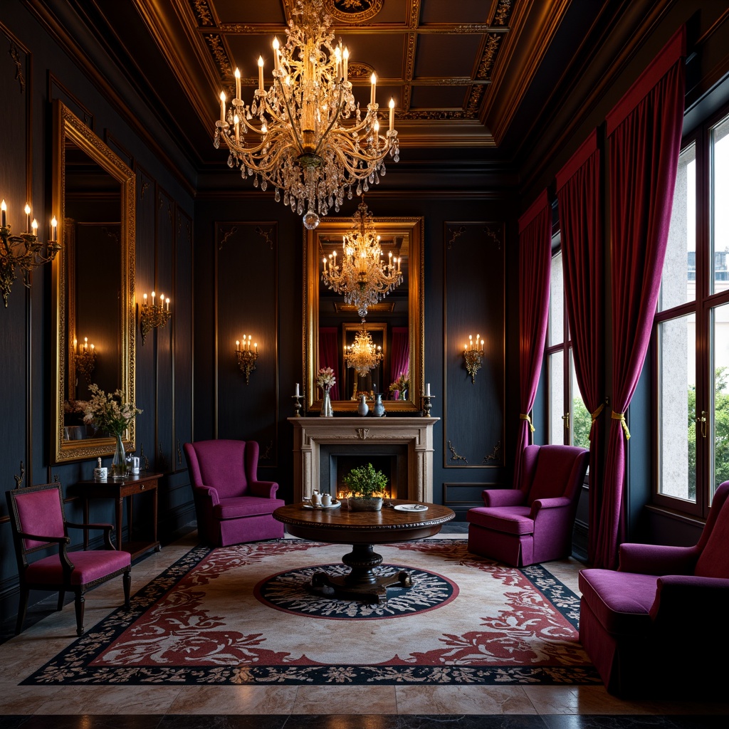 Prompt: Rich velvet drapes, ornate gold frames, luxurious crystal chandeliers, dark wood paneling, intricate marble flooring, lavish red curtains, opulent purple upholstery, antique bronze hardware, mysterious midnight blue walls, warm golden lighting, dramatic shadows, cinematic composition, high-contrast colors, Old World charm, eclectic decor, aristocratic ambiance.