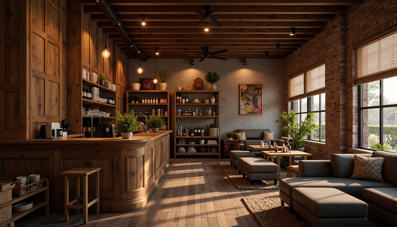 Prompt: Cozy coffee shop, warm wooden tones, exposed brick walls, rustic metal fixtures, pendant lamps, Edison bulbs, candlelight ambiance, comfortable seating areas, natural textiles, woven baskets, reclaimed wood accents, earthy color palette, soft warm lighting, shallow depth of field, 3/4 composition, realistic textures, ambient occlusion.