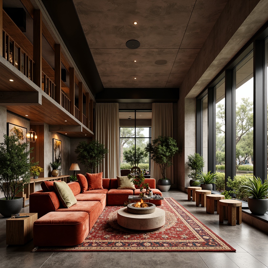 Prompt: Luxurious velvet fabrics, metallic accents, rich wood textures, sleek glass surfaces, industrial metal frames, minimalist concrete walls, warm natural stone floors, vibrant colorful ceramics, intricate patterned rugs, soft ambient lighting, 3/4 composition, realistic reflections, shallow depth of field.