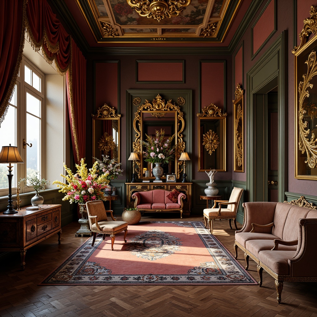 Prompt: Ornate storage room, lavish furnishings, intricately patterned flooring, floral arrangements, golden accents, velvet drapes, ornamental mirrors, Baroque-inspired cabinetry, soft warm lighting, shallow depth of field, 1/1 composition, realistic textures, ambient occlusion.