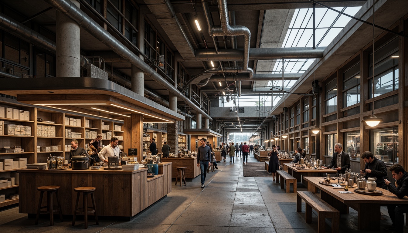 Prompt: Exposed ductwork, industrial piping, concrete floors, metal beams, reclaimed wood accents, brutalist architecture, urban market atmosphere, bustling crowds, vendor stalls, eclectic product displays, steam punk-inspired machinery, distressed textures, muted color palette, dramatic overhead lighting, shallow depth of field, 2/3 composition, gritty realistic render.