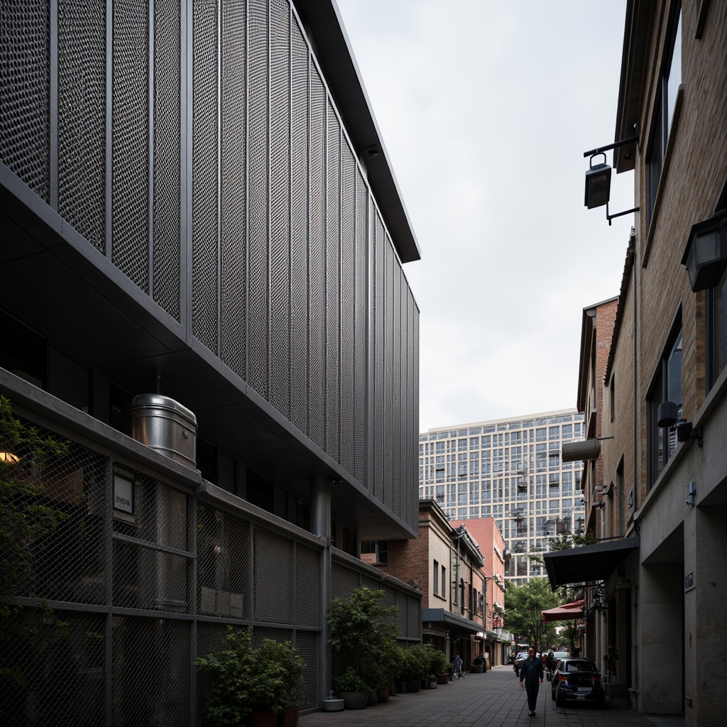 Prompt: Industrial setting, perforated metal facade, modern architecture, functional materials, ventilation systems, natural light filtering, urban landscape, cityscape, overcast sky, subtle warm lighting, shallow depth of field, 2/3 composition, realistic reflections, ambient occlusion.