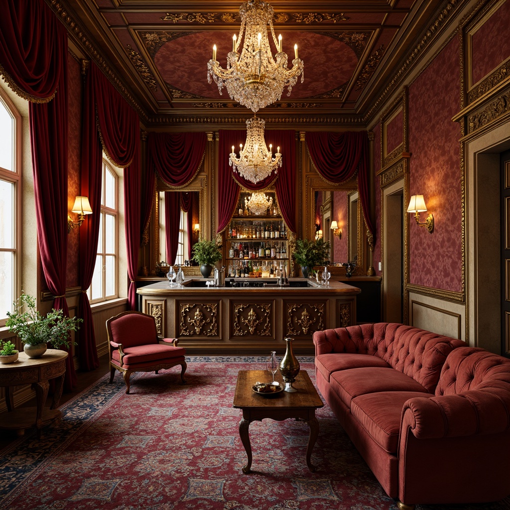 Prompt: Ornate home bar, rich velvet drapes, gilded frames, antique furniture, curved legs, intricate carvings, luxurious upholstery, tufted sofas, golden accents, marble countertops, crystal chandeliers, ornamental mirrors, lavish decorations, grandiose architecture, warm ambient lighting, 1/2 composition, shallow depth of field, realistic textures.