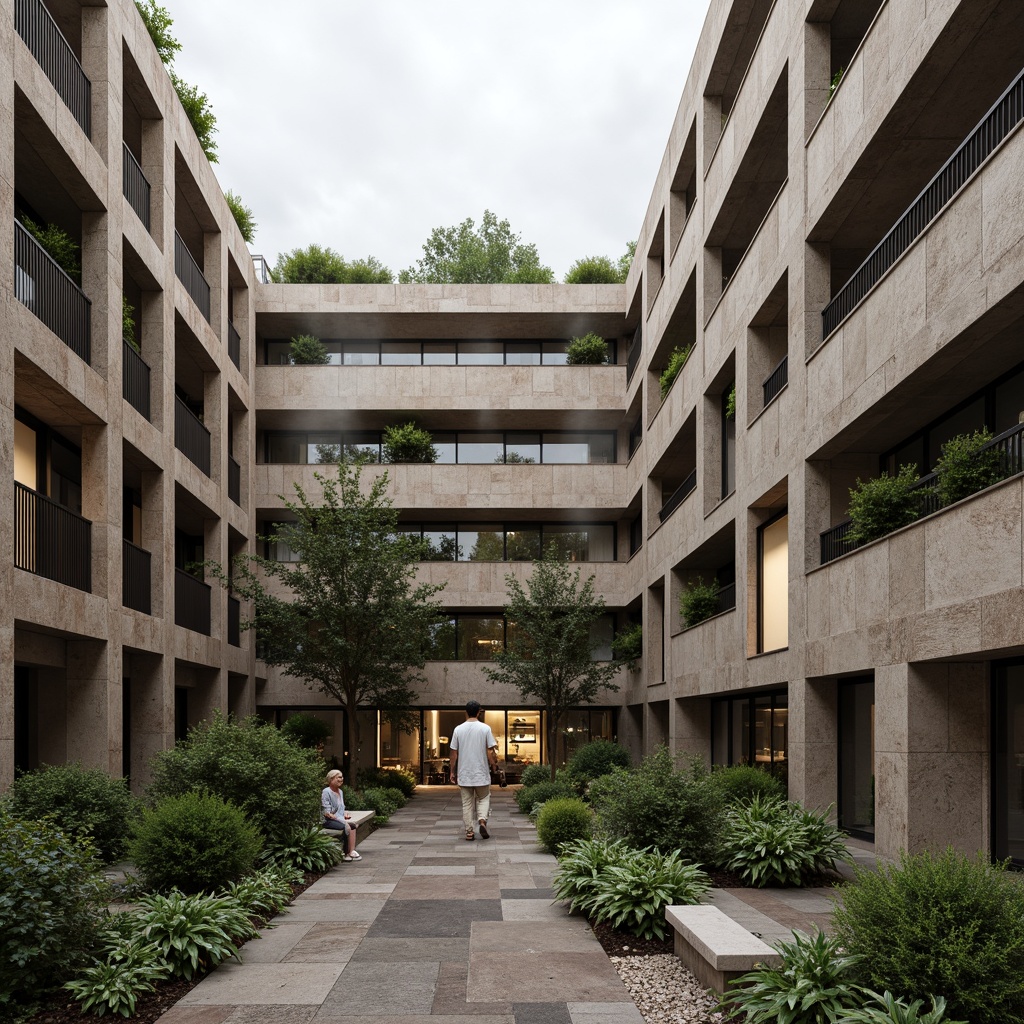 Prompt: Rustic stone walls, smooth wooden accents, rough concrete floors, sleek metal railings, vibrant green roofs, modern minimalist architecture, bold geometric patterns, contrasting material textures, natural light reflections, subtle shadow effects, atmospheric misty ambiance, warm earthy tones, industrial chic aesthetics, brutalist-inspired structures, dramatic spatial contrasts, 1/2 composition, high dynamic range, realistic rendering.