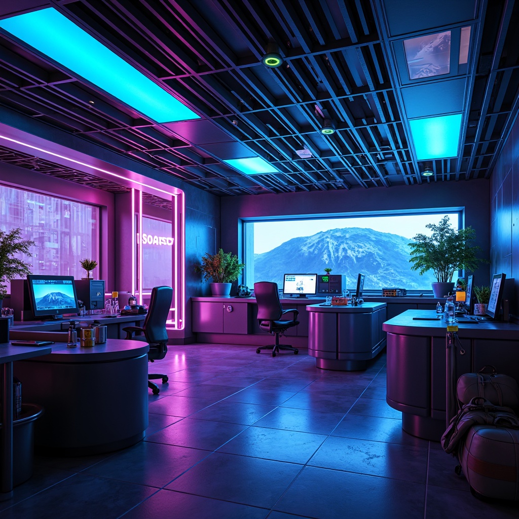 Prompt: Neon-lit bank interior, futuristic aesthetic, metallic accents, holographic displays, cyberpunk inspiration, sleek lines, minimalist design, high-tech gadgetry, LED lighting, iridescent colors, glowing blue hues, electric purple tones, silver chrome finishes, glossy black surfaces, neon green accents, atmospheric fog effects, shallow depth of field, 1/1 composition, realistic reflections, ambient occlusion.