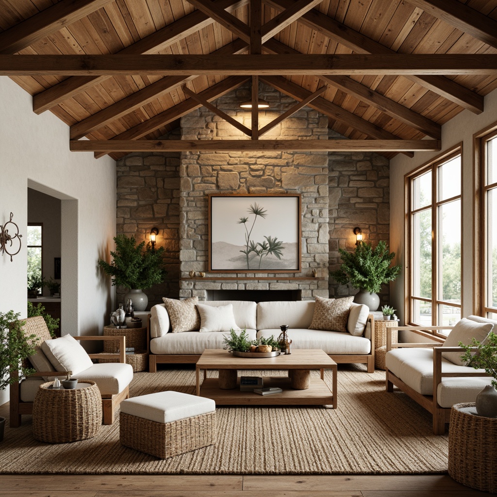 Prompt: Rustic farmhouse interior, reclaimed wood accents, natural stone walls, earthy color palette, woven wicker furniture, jute rugs, linen upholstery, wooden beams, vaulted ceilings, large windows, soft warm lighting, cozy ambiance, vintage metal decorations, potted greenery, botanical prints, organic textures, distressed finishes, nature-inspired patterns, calming atmosphere, serene escape.