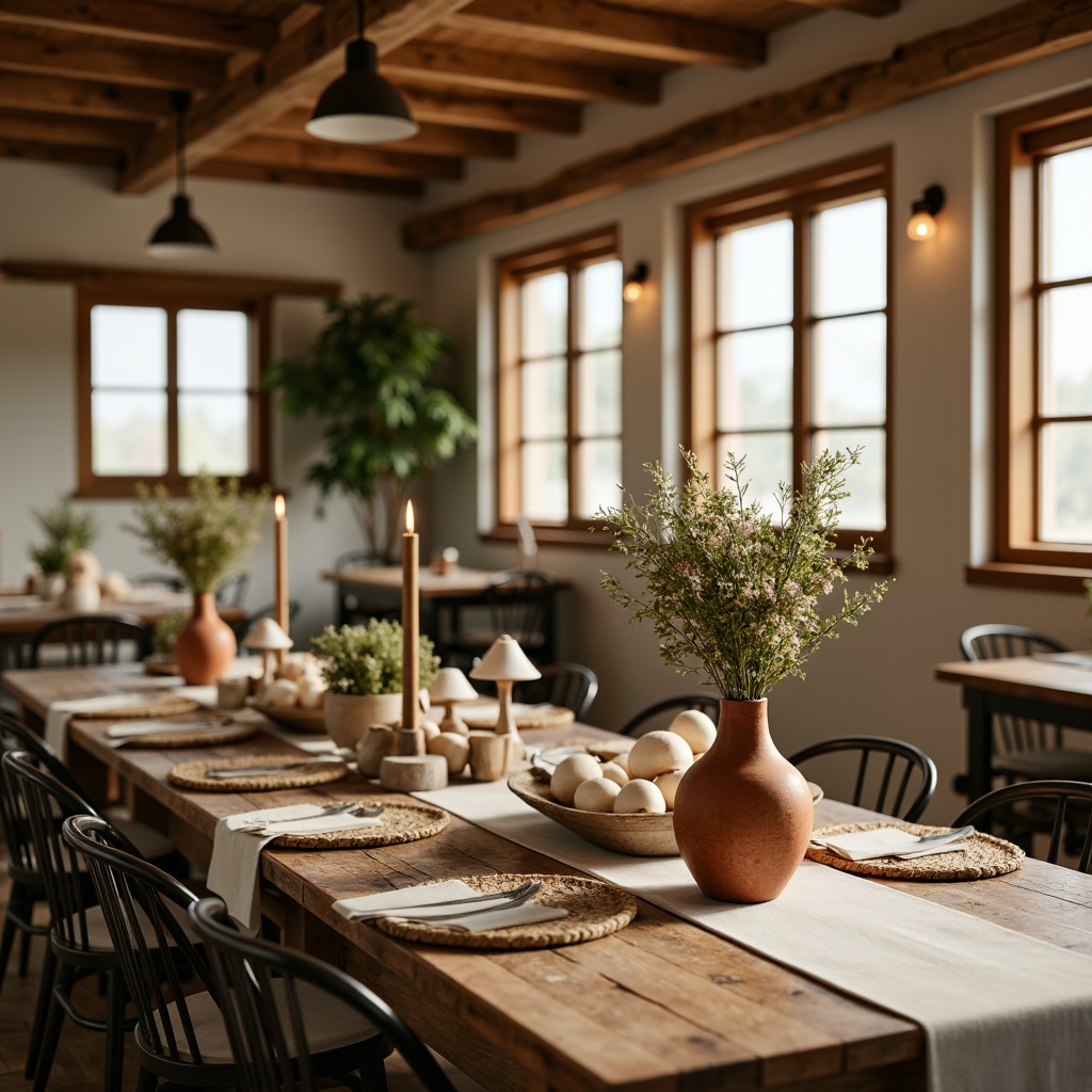 Prompt: Rustic wooden tables, vintage metal chairs, distressed finishes, natural linen tablecloths, earthy terracotta vases, fresh wildflowers, candle centerpieces, woven jute placemats, farmhouse-inspired decorations, warm beige walls, exposed wooden beams, soft ambient lighting, shallow depth of field, 1/2 composition, realistic textures, cozy atmosphere, morning sunlight, soft focus.