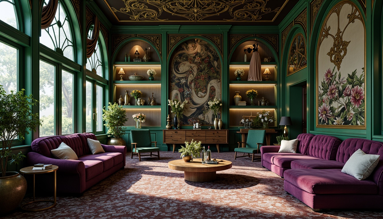 Prompt: Opulent Art Nouveau interior, sinuous organic lines, flowing curves, ornate patterns, lavish furnishings, rich jewel-toned colors, emerald green walls, sapphire blue accents, amethyst purple velvet drapes, golden metallic fixtures, intricate wood carvings, whimsical florals, soft warm lighting, dramatic shadows, 1/2 composition, intimate atmosphere, realistic textures, subtle ambient occlusion.