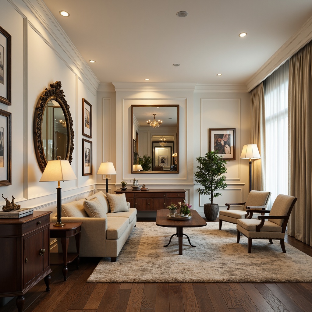 Prompt: Elegant living room, creamy white walls, dark wood furniture, ornate mirrors, plush area rugs, neutral tone upholstery, soft warm lighting, table lamps with linen shades, floor lamps with bronze bases, crystal chandeliers, recessed ceiling lights, 3/4 composition, shallow depth of field, natural ambient occlusion.