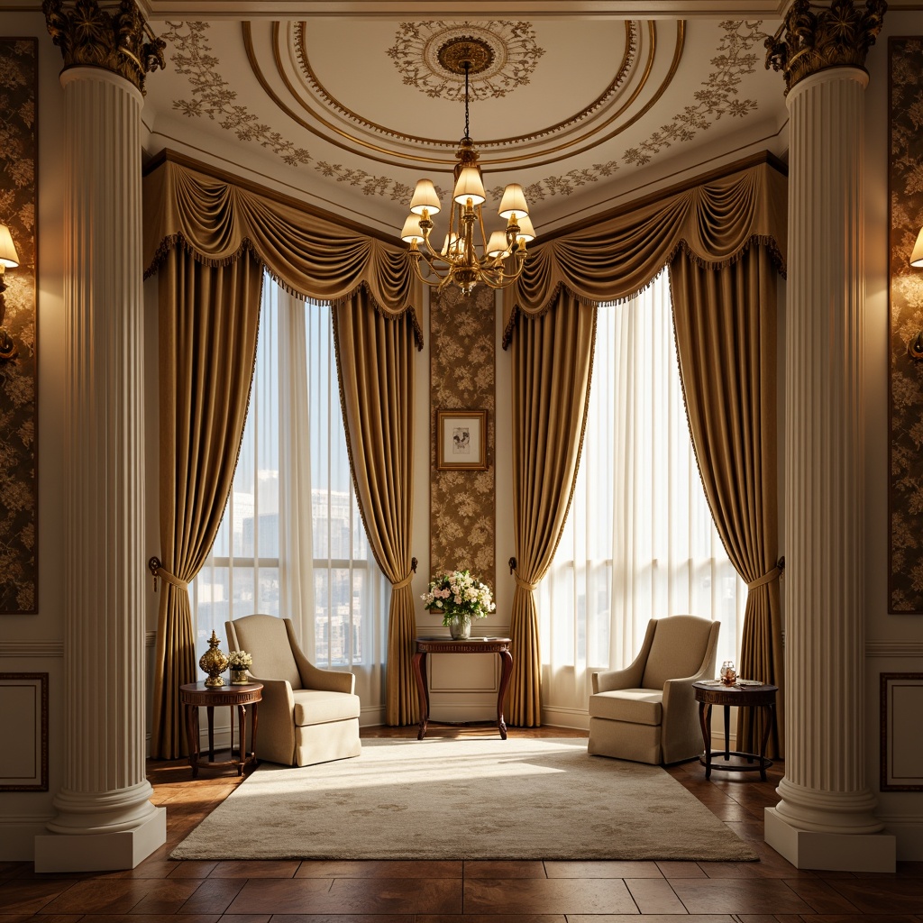 Prompt: Rich velvet fabrics, intricate embroidery patterns, luxurious silk drapes, ornate gold trims, soft beige upholstery, subtle damask motifs, classic florals, elegant stripes, refined linen textures, sophisticated neutral tones, ornamental tassels, stately columns, grand chandeliers, opulent crystal fixtures, lavish furnishings, regal atmosphere, warm golden lighting, shallow depth of field, 2/3 composition, realistic renderings, ambient occlusion.