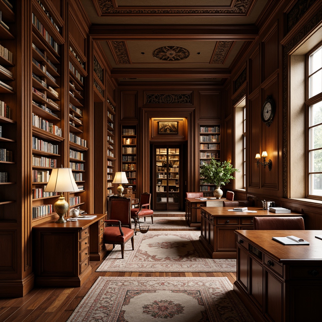 Prompt: Rich wooden bookshelves, ornate carvings, comfortable leather armchairs, vintage-inspired lamps, warm-toned wooden flooring, classic wooden desks, elegant glass display cases, plush area rugs, sophisticated wall sconces, traditional clock decorations, earthy color palette, cozy reading nooks, soft warm lighting, 1/2 composition, realistic textures, ambient occlusion.