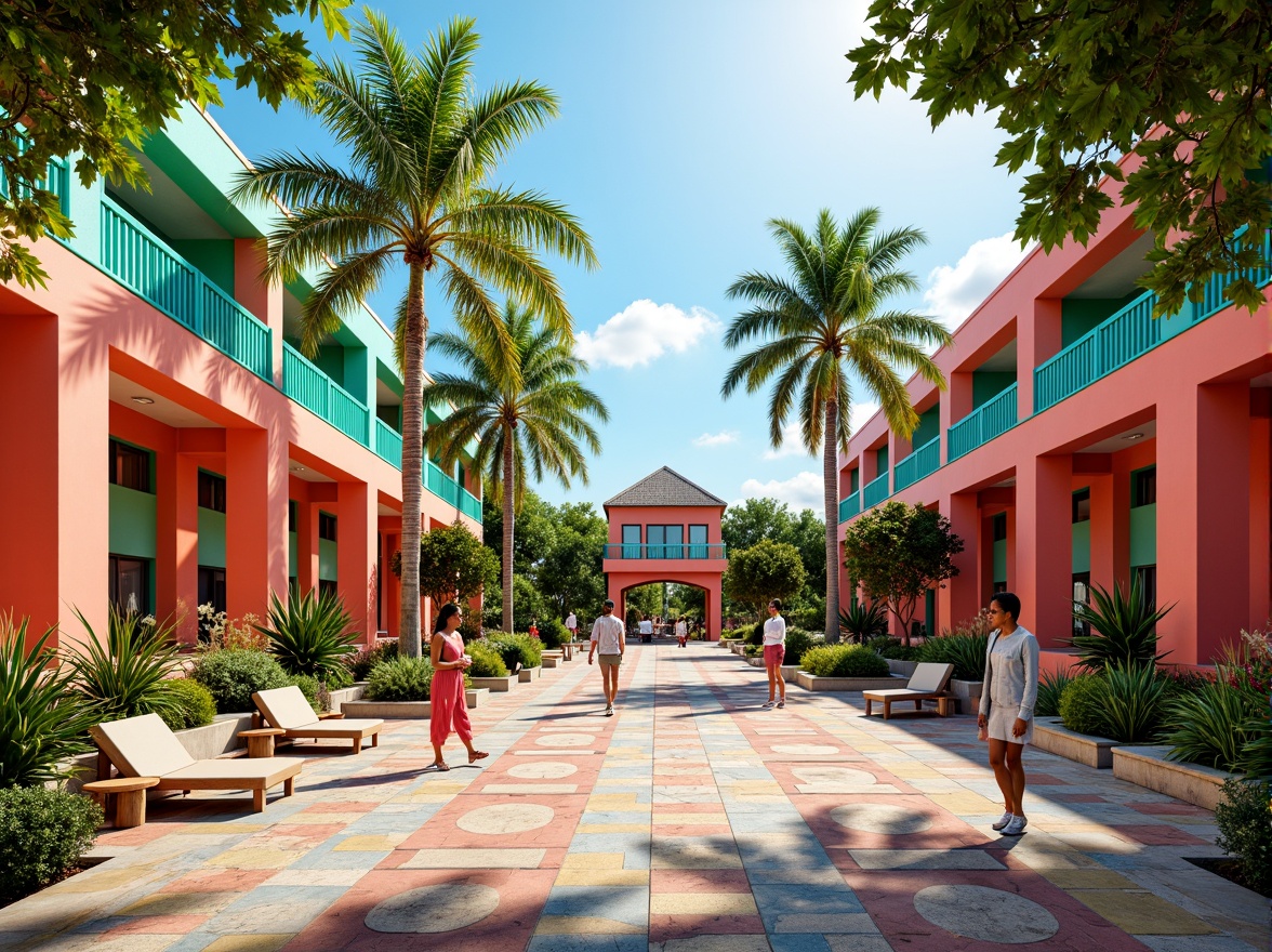 Prompt: Vibrant tropical public building, bright coral walls, turquoise accents, lush green roofs, palm tree-lined entrance, natural stone floors, warm wood tones, colorful ceramic tiles, intricate island-inspired patterns, exotic floral arrangements, sunny day, soft warm lighting, shallow depth of field, 1/1 composition, realistic textures, ambient occlusion.