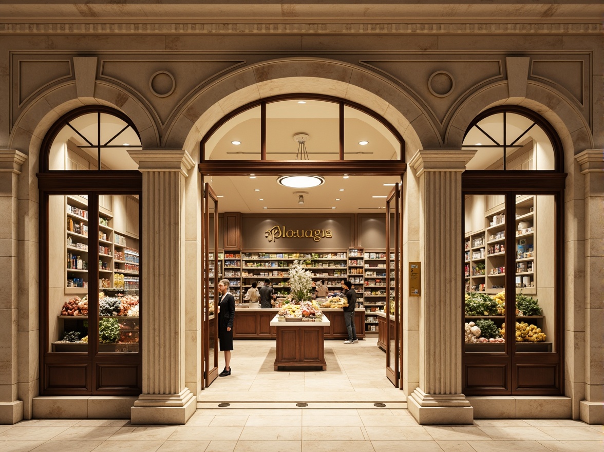 Prompt: Elegant grocery store fa\u00e7ade, ornate columns, rusticated bases, grand entrance archways, intricate moldings, decorative pilasters, subtle cornices, warm beige stone walls, large arched windows, ornamental metalwork, polished marble floors, classical-inspired signage, abundant natural light, soft diffused lighting, shallow depth of field, 1/1 composition, symmetrical framing, realistic textures, ambient occlusion.Let me know if this meets your requirements!