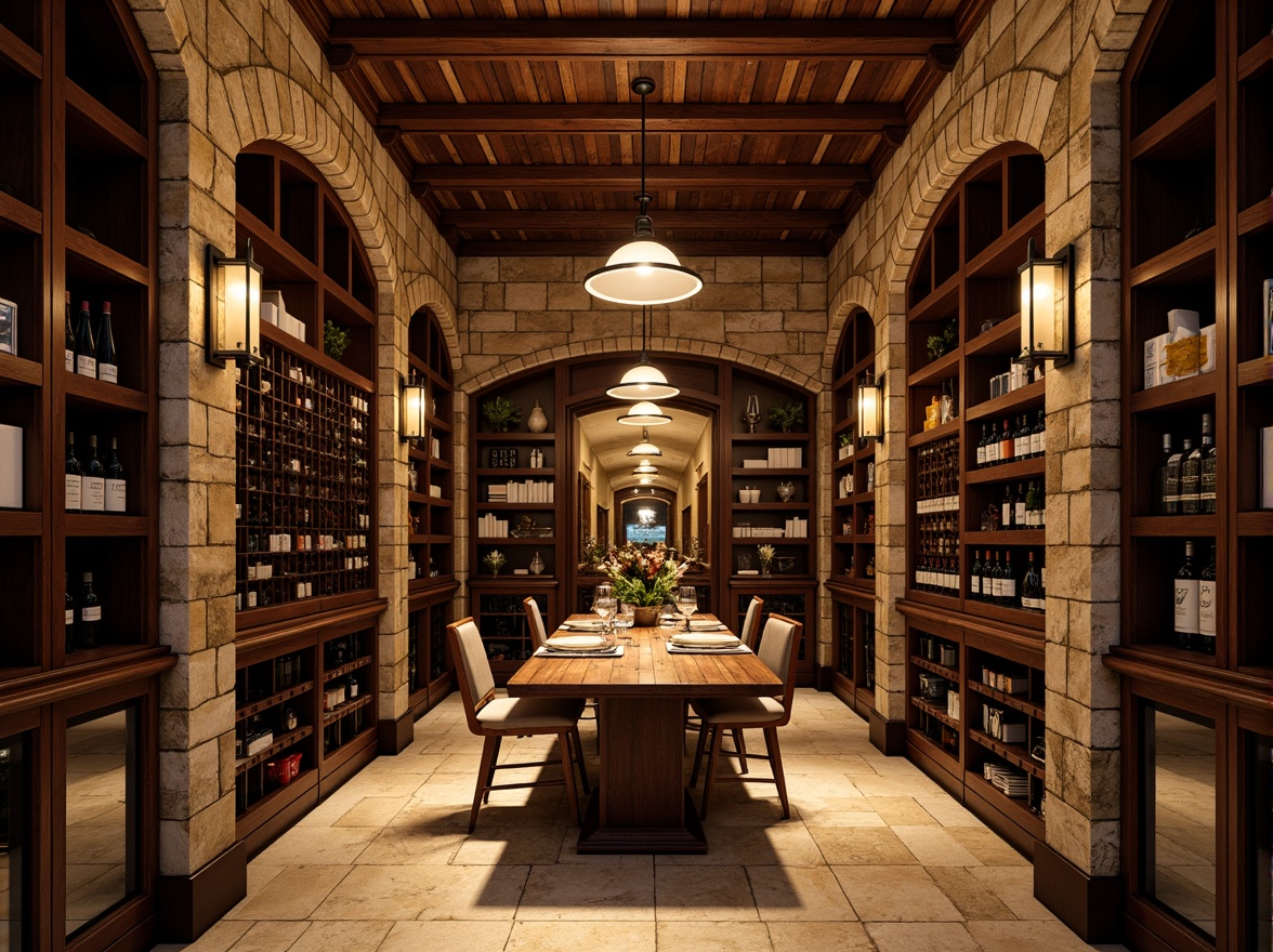 Prompt: Elegant wine cellar, academic style architecture, rich wood tones, ornate metalwork, rustic stone walls, dim warm lighting, refined shelving units, innovative storage racks, glass-enclosed cabinets, temperature-controlled environments, humidity-regulated systems, soft golden lighting, 1/2 composition, shallow depth of field, realistic textures, ambient occlusion.