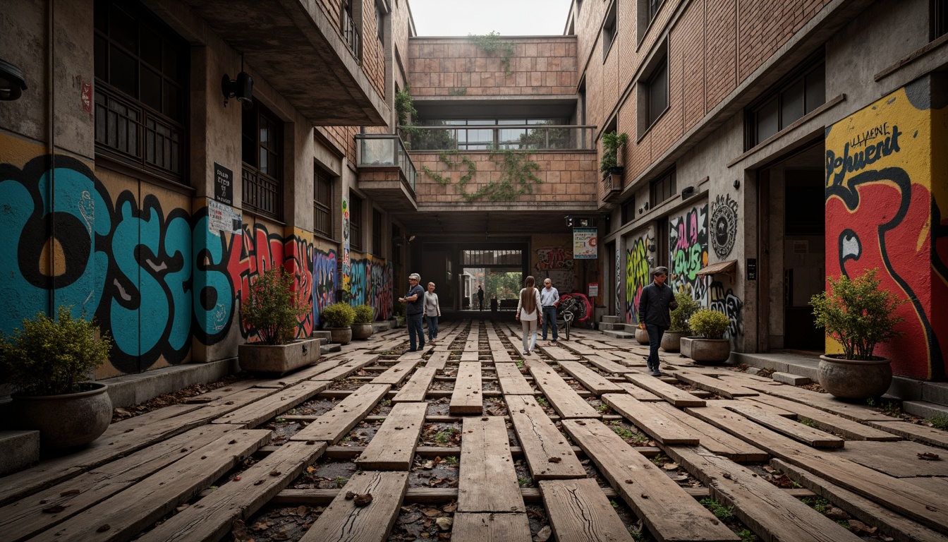 Prompt: Rustic wooden planks, distressed metal sheets, rough stone walls, vibrant graffiti murals, urban cityscape, industrial atmosphere, dramatic lighting effects, intense shadows, high-contrast textures, abstract compositions, 1/1 aspect ratio, shallow depth of field, cinematic mood, gritty realistic feel, warm color palette, richly detailed surfaces.