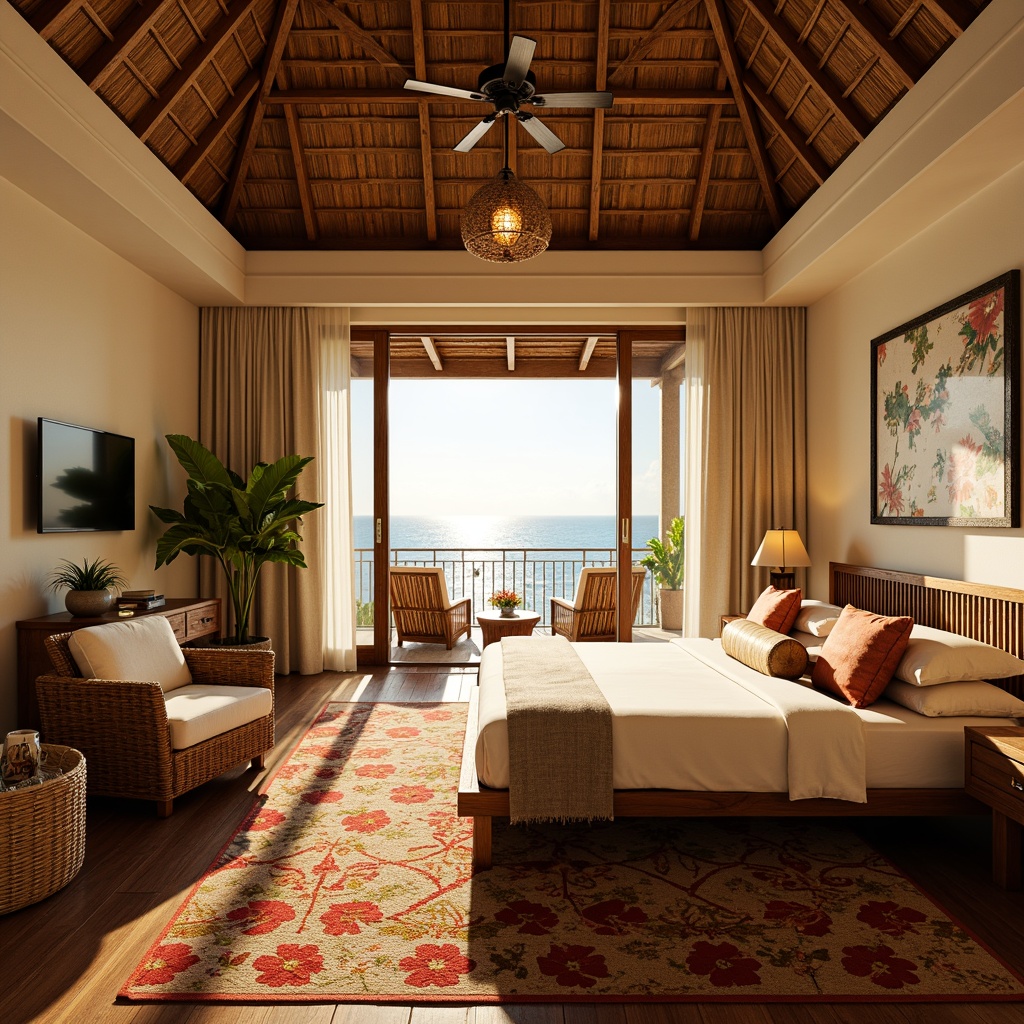 Prompt: Tropical bedroom, warm ambiance, soft golden lighting, woven bamboo shades, rattan furniture, exotic wood accents, vibrant floral patterns, colorful textiles, natural fiber rugs, palm frond ceiling fans, sliding glass doors, ocean views, sunny morning light, gentle breeze, relaxed atmosphere, coastal vibe, driftwood decor, shell-inspired accessories, linen drapes, woven abaca pendant lights, rustic wooden beams, tropical leaf motifs, warm beige walls, creamy white trim.