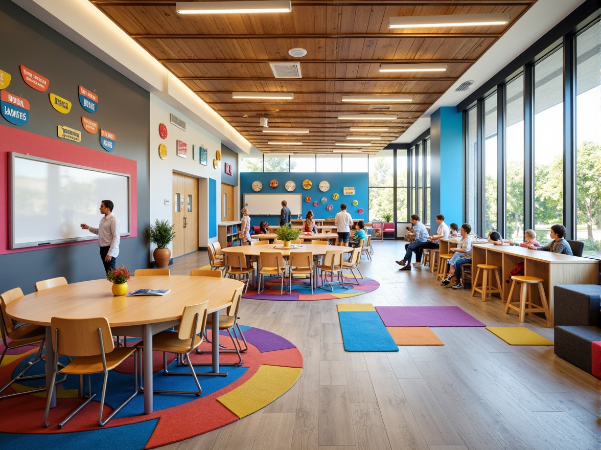 Prompt: Vibrant elementary school, colorful classrooms, ergonomic chairs, wooden desks, interactive whiteboards, inspirational quotes, natural wood accents, playful area rugs, stimulating lighting fixtures, collaborative workstations, movable partitions, flexible seating arrangements, technology-integrated furniture, durable materials, easy-to-clean surfaces, wheelchair-accessible tables, inclusive learning environments, warm neutral colors, calming atmosphere, panoramic windows, abundant natural light, 3/4 composition, realistic textures.