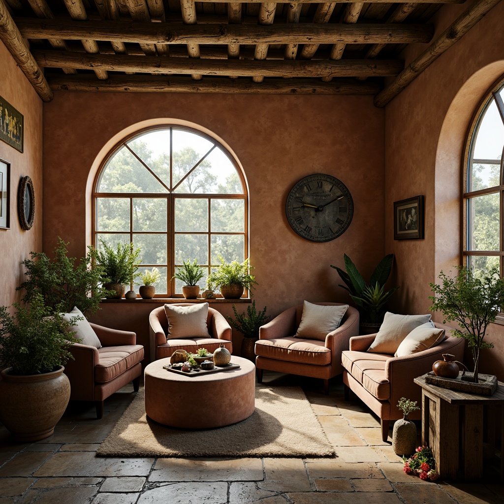 Prompt: Earthy olive tones, natural terracotta walls, rustic wooden accents, vintage metal decorations, lush greenery, misty morning light, soft warm atmosphere, 1/1 composition, shallow depth of field, realistic textures, ambient occlusion, cozy reading nook, plush velvet furnishings, distressed leather armchairs, worn stone flooring, eclectic decorative objects, antique maps, earthy ceramics.