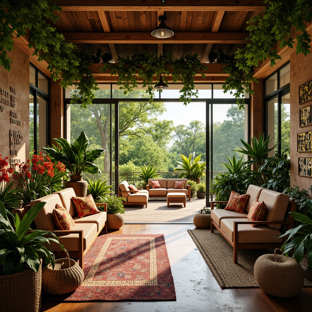 Prompt: Vibrant tropical craft room, lush greenery, exotic flowers, reclaimed wood furniture, colorful textiles, woven baskets, natural fiber rugs, rattan accents, warm golden lighting, shallow depth of field, 1/1 composition, panoramic view, realistic textures, ambient occlusion, cozy nooks, eclectic decorative objects, inspirational quotes, artistic supplies, creative stations, collaborative workspaces, ergonomic seating, abundant natural light, sliding glass doors, outdoor garden views, lush foliage, tropical fruit arrangements.